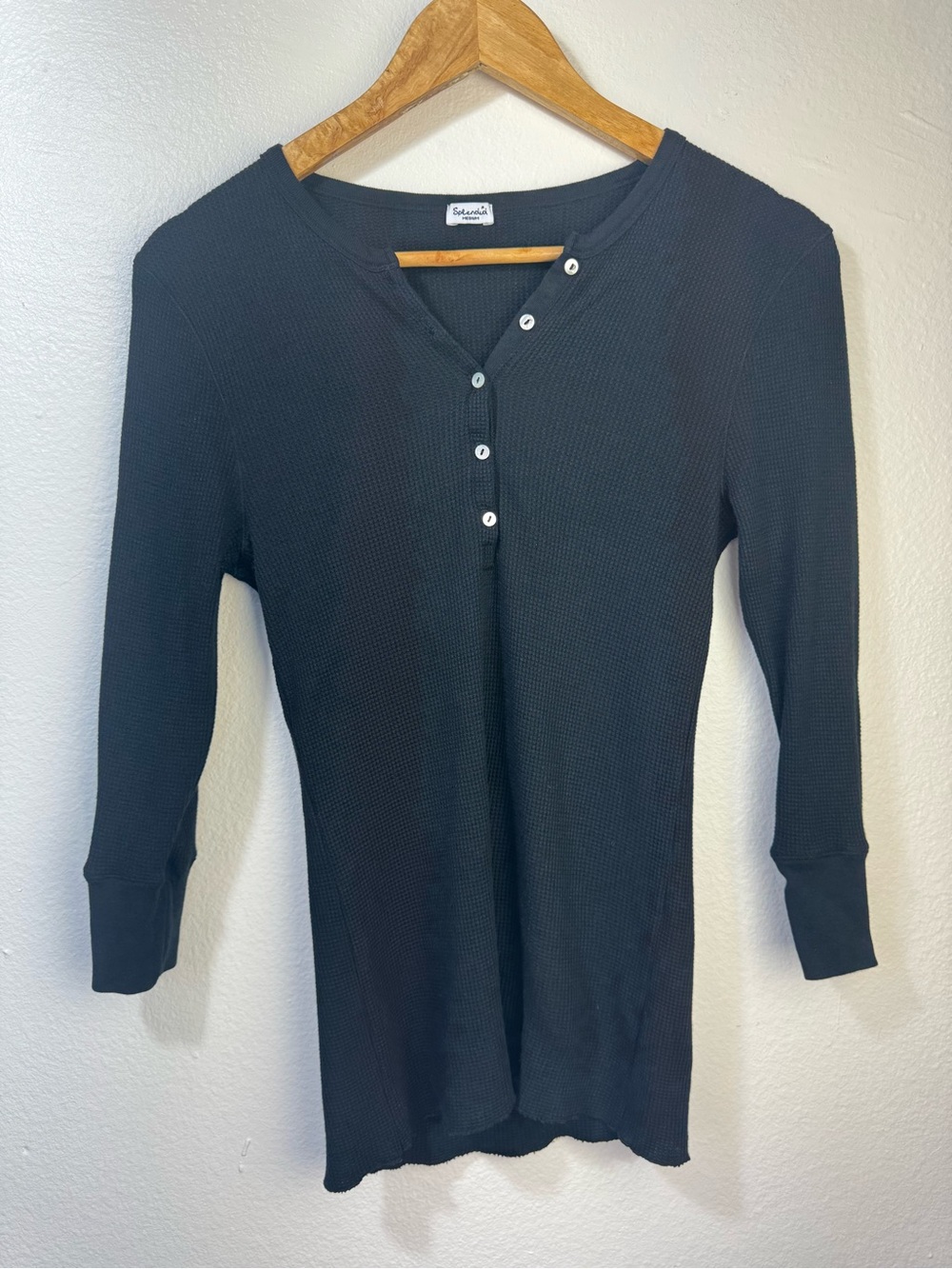 Splendid Black Waffle Knit Thermal Henley Long Sleeve Top Medium